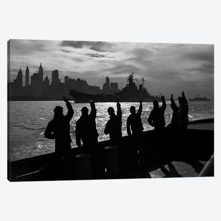 1940s Anonymous Silhouetted Sailors Waving Salute To Passing USN Battleship At Night New York City Skyline Canvas Print #VTG200} by Vintage Images Canvas Art