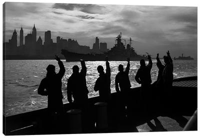 1940s Anonymous Silhouetted Sailors Waving Salute To Passing USN Battleship At Night New York City Skyline Canvas Art Print - Sailor Art