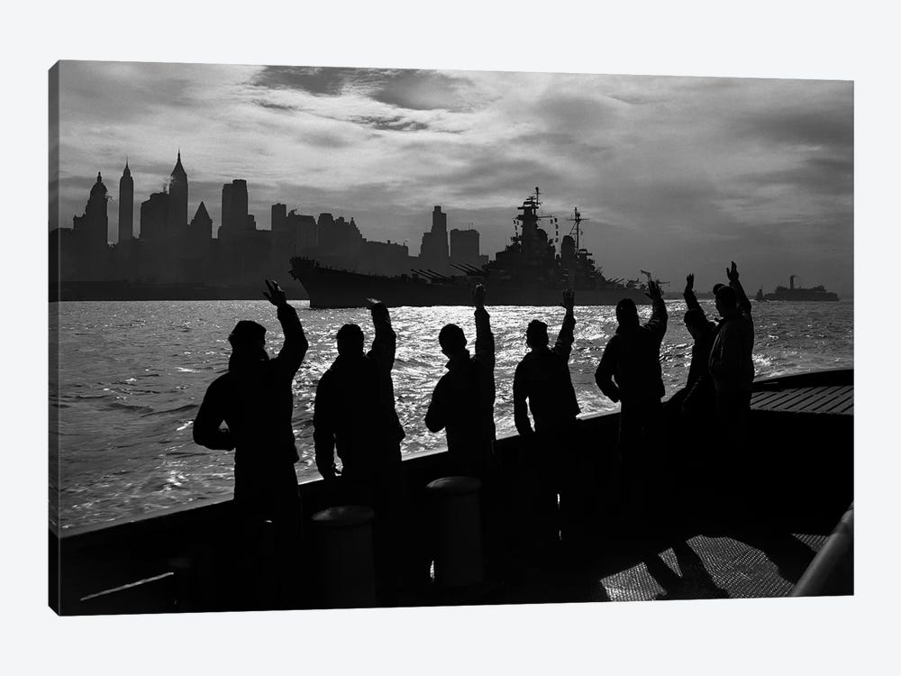 1940s Anonymous Silhouetted Sailors Waving Salute To Passing USN Battleship At Night New York City Skyline by Vintage Images 1-piece Art Print