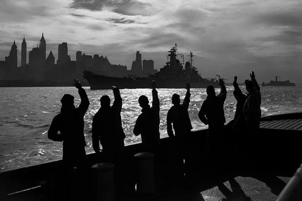 Manhattan: 1940s Anonymous Silhouetted Sailors Waving Salute To Passing USN Battleship At Night New York City Skyline by Vintage Images