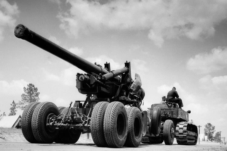 1940s Army Track Laying Vehicle Caterpillar Tractor Hauling Heavy World War Ii Artillery Cannon