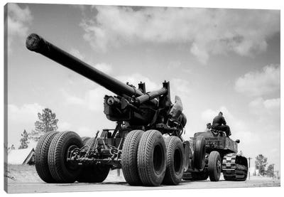 1940s Army Track Laying Vehicle Caterpillar Tractor Hauling Heavy World War Ii Artillery Cannon Canvas Art Print - Tank Art
