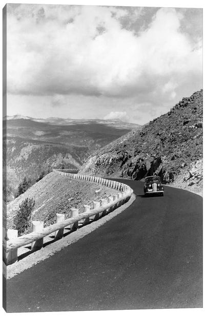 1940s Automobile On Hillside Road Near Yellowstone National Park 11000 Feet Elevation Red Lodge Cooke City Montana USA Canvas Art Print - Montana Art
