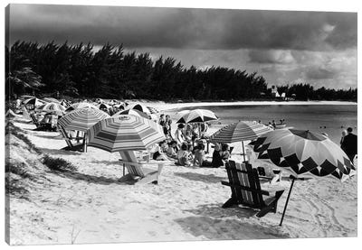 1940s Beach Umbrellas Chairs On Sand Paradise Beach Nassau West Indies Canvas Art Print - Bahamas