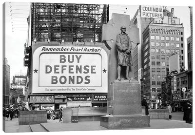 1940s Buy Defense Bonds Billboard At Statue Of Father Duffy Of The Fighting 69th Of World War I At Times Square New York City Canvas Art Print - Vintage Images