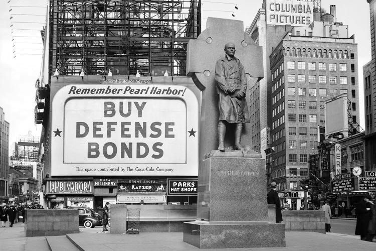1940s Buy Defense Bonds Billboard At Statue Of Father Duffy Of The Fighting 69th Of World War I At Times Square New York City by Vintage Images wall art