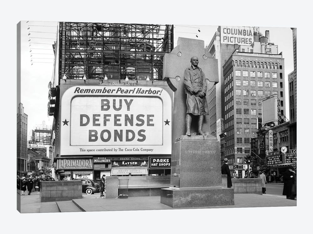 1940s Buy Defense Bonds Billboard At Statue Of Father Duffy Of The Fighting 69th Of World War I At Times Square New York City by Vintage Images 1-piece Canvas Artwork
