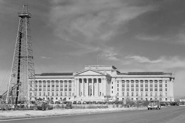 Oklahoma: 1940s Capitol Building With Oil Derrick In Foreground Oklahoma City Oklahoma USA by Vintage Images