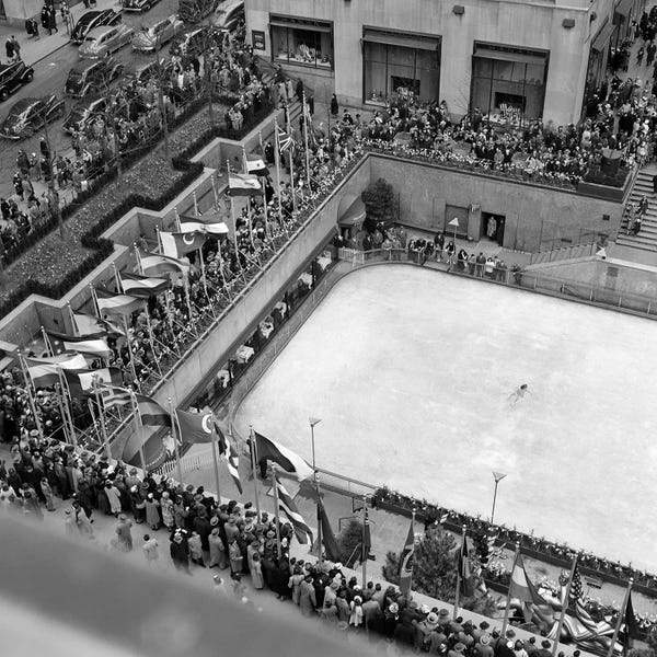 Manhattan: 1940s Crowd Watching Skater Rockefeller Center Ice Skating Rink Midtown Manhattan New York City by Vintage Images