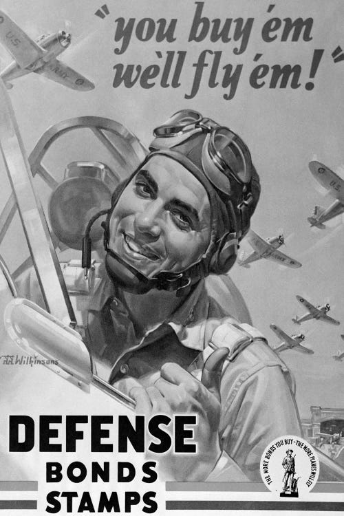 1940s Defense Bond & Stamp Poster From World War Two With Fighter Pilot Saying You Buy Em We Fly Em