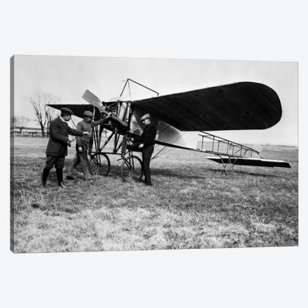1910s Group Of Three Men Standing In Front Of Early Monoplane One With Hand On Propeller Canvas Print #VTG20} by Vintage Images Canvas Art