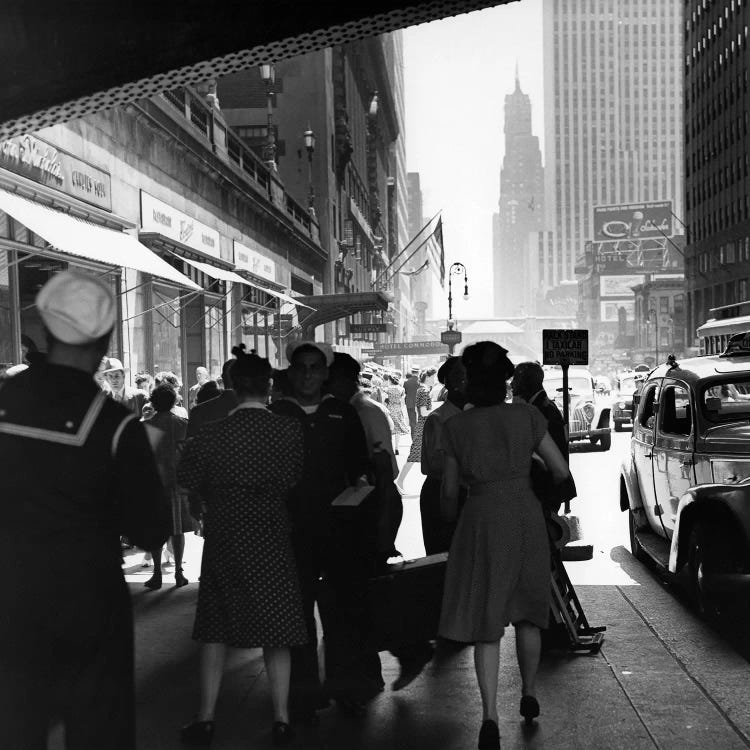 1940s Grand Central Station Men And Women Pedestrians A Sailor In Uniform Taxi And Stores 42nd Street Sidewalk NYC USA