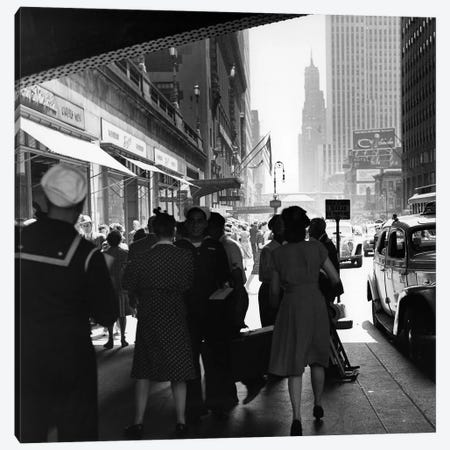1940s Grand Central Station Men And Women Pedestrians A Sailor In Uniform Taxi And Stores 42nd Street Sidewalk NYC USA Canvas Print #VTG211} by Vintage Images Canvas Art Print