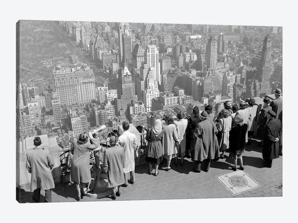 1940s Group Of Anonymous Tourists Standing On Top Of RCA Building Looking North Towards Manhattan Central Park NYC NY USA by Vintage Images 1-piece Canvas Artwork