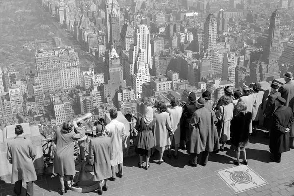 Manhattan: 1940s Group Of Anonymous Tourists Standing On Top Of RCA Building Looking North Towards Manhattan Central Park NYC NY USA by Vintage Images