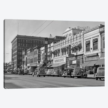 1940s Kansas Street Shopping District Cars Shops Storefronts Topeka Kansas USA Canvas Print #VTG213} by Vintage Images Art Print