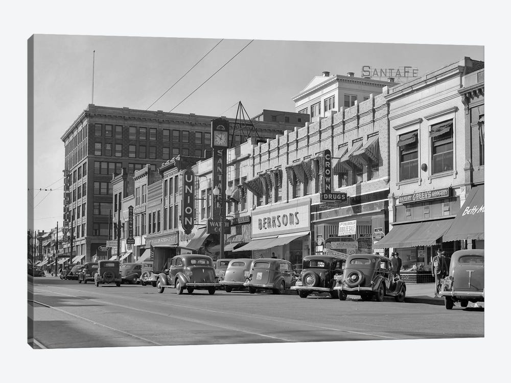 1940s Kansas Street Shopping District Cars Shops Storefronts Topeka Kansas USA by Vintage Images 1-piece Canvas Print