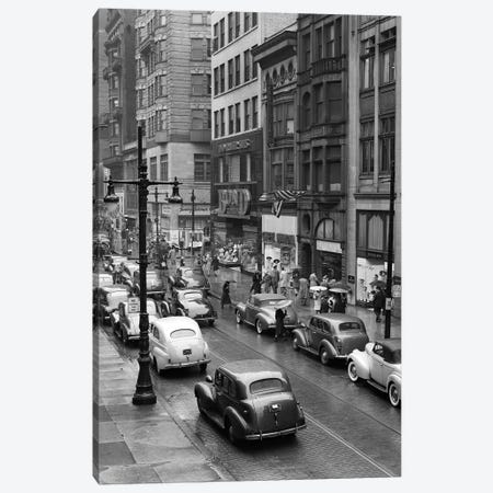 1940s Rainy Day On Chestnut Street Philadelphia Pa Cars Pedestrians Storefronts Canvas Print #VTG221} by Vintage Images Canvas Wall Art