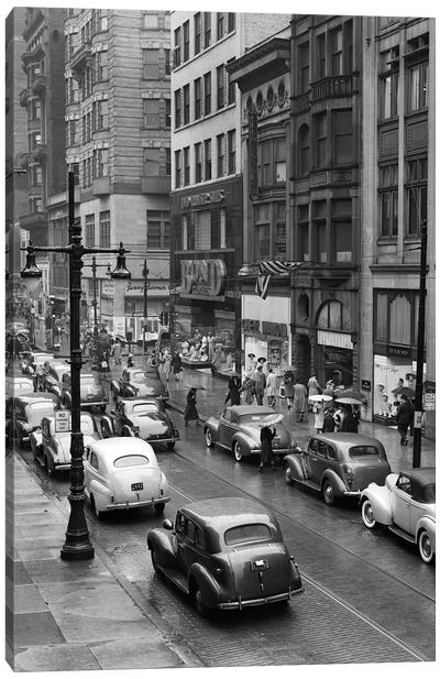 1940s Rainy Day On Chestnut Street Philadelphia Pa Cars Pedestrians Storefronts Canvas Art Print - Vintage Images