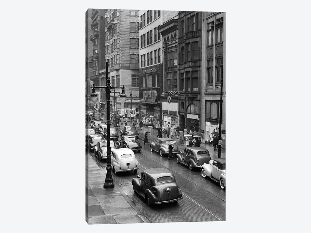 1940s Rainy Day On Chestnut Street Philadelphia Pa Cars Pedestrians Storefronts by Vintage Images 1-piece Canvas Artwork