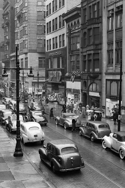 Pennsylvania: 1940s Rainy Day On Chestnut Street Philadelphia Pa Cars Pedestrians Storefronts by Vintage Images