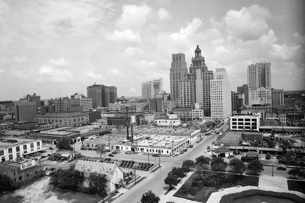 History: 1940s Skyline Of Business District Of Houston Texas From City Hall by Vintage Images