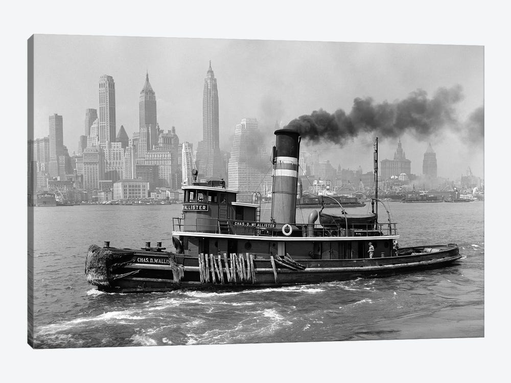 1940s Steam Engine Tugboat On Hudson River With New York City Skyline In Smokey Background Outdoor by Vintage Images 1-piece Canvas Art Print
