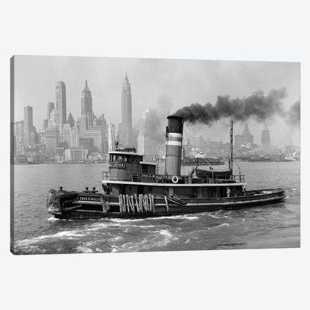 1940s Steam Engine Tugboat On Hudson River With New York City Skyline In Smokey Background Outdoor Canvas Print #VTG224} by Vintage Images Canvas Art Print