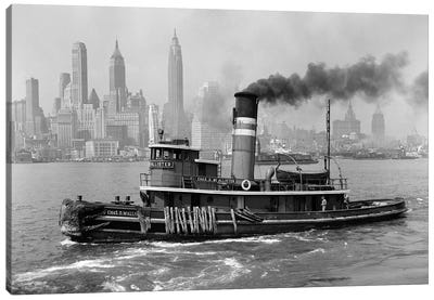 1940s Steam Engine Tugboat On Hudson River With New York City Skyline In Smokey Background Outdoor Canvas Art Print - Manhattan Art