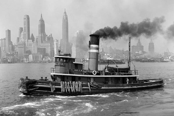 Manhattan: 1940s Steam Engine Tugboat On Hudson River With New York City Skyline In Smokey Background Outdoor by Vintage Images