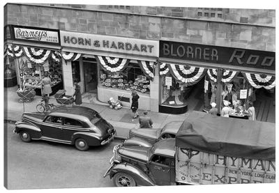 1940s Store Fronts Decorated With Parade Bunting Main Street 82Nd Street Jackson Heights Queens New York City USA Canvas Art Print - Vintage Images
