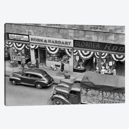 1940s Store Fronts Decorated With Parade Bunting Main Street 82Nd Street Jackson Heights Queens New York City USA Canvas Print #VTG225} by Vintage Images Canvas Art Print