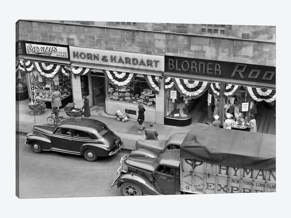1940s Store Fronts Decorated With Parade Bunting Main Street 82Nd Street Jackson Heights Queens New York City USA by Vintage Images 1-piece Canvas Artwork