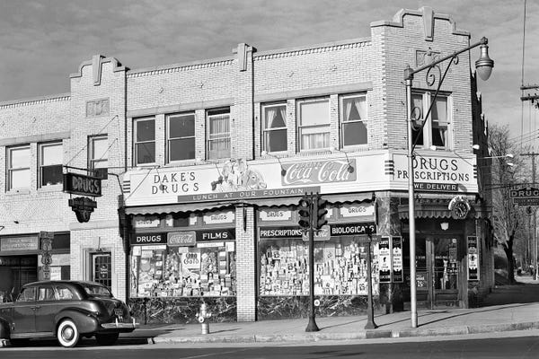 1940s Storefront Drugstore Windows Full Of Products Advertising Lunch Fountain