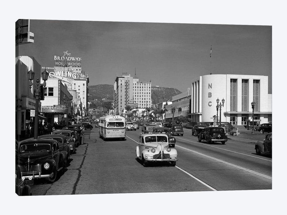 1940s Street Scene View Down Vine Street NBC Studio The Broadway Hotel Near Sunset Boulevard Hollywood Los Angeles USA by Vintage Images 1-piece Canvas Art
