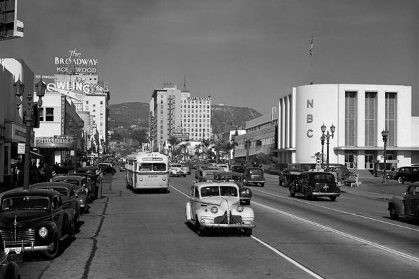 Los Angeles: 1940s Street Scene View Down Vine Street NBC Studio The Broadway Hotel Near Sunset Boulevard Hollywood Los Angeles USA by Vintage Images
