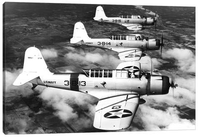 1940s Three World War Ii Us Navy Dive Bombers Flying In Formation Canvas Art Print - Vintage & Retro Photography