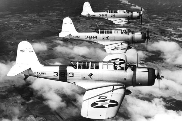 By Air: 1940s Three World War Ii Us Navy Dive Bombers Flying In Formation by Vintage Images