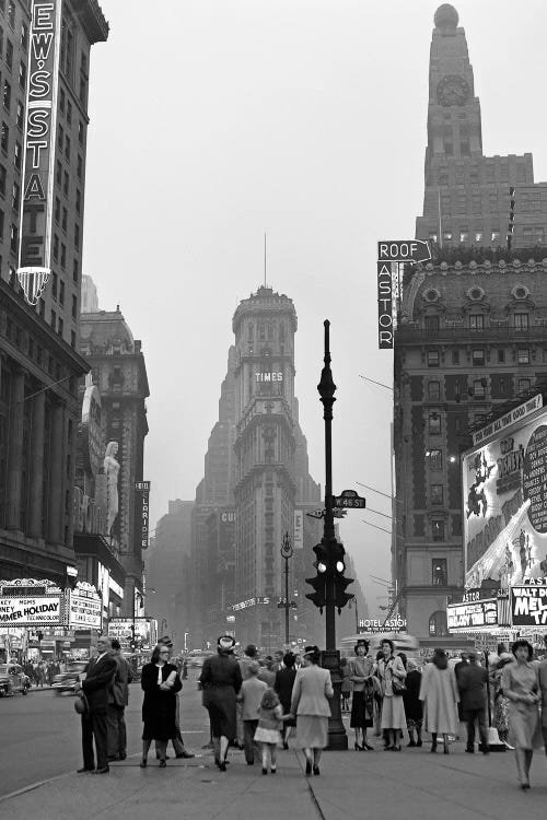 1940s Times Square At Twilight Night Looking South From Duffy Square Towards NY Times Building Pedestrians Neon Movie Marquees