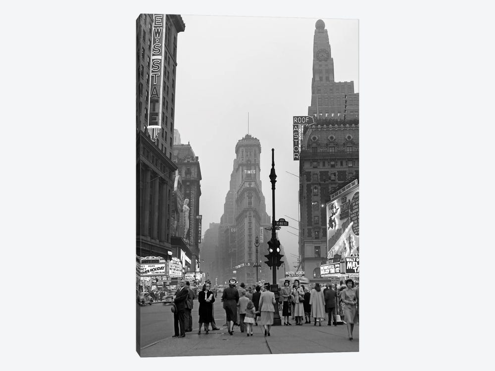 1940s Times Square At Twilight Night Looking South From Duffy Square Towards NY Times Building Pedestrians Neon Movie Marquees by Vintage Images 1-piece Canvas Wall Art