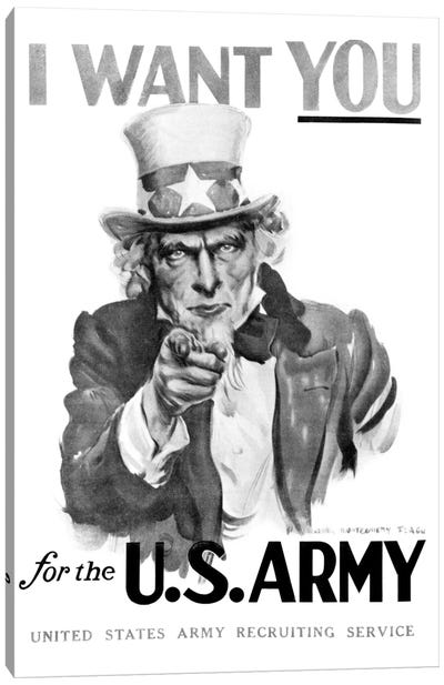 1910s World War One I Want You Uncle Sam United States Army Recruiting Poster By Artist J.M. Flagg Canvas Art Print - Military Art