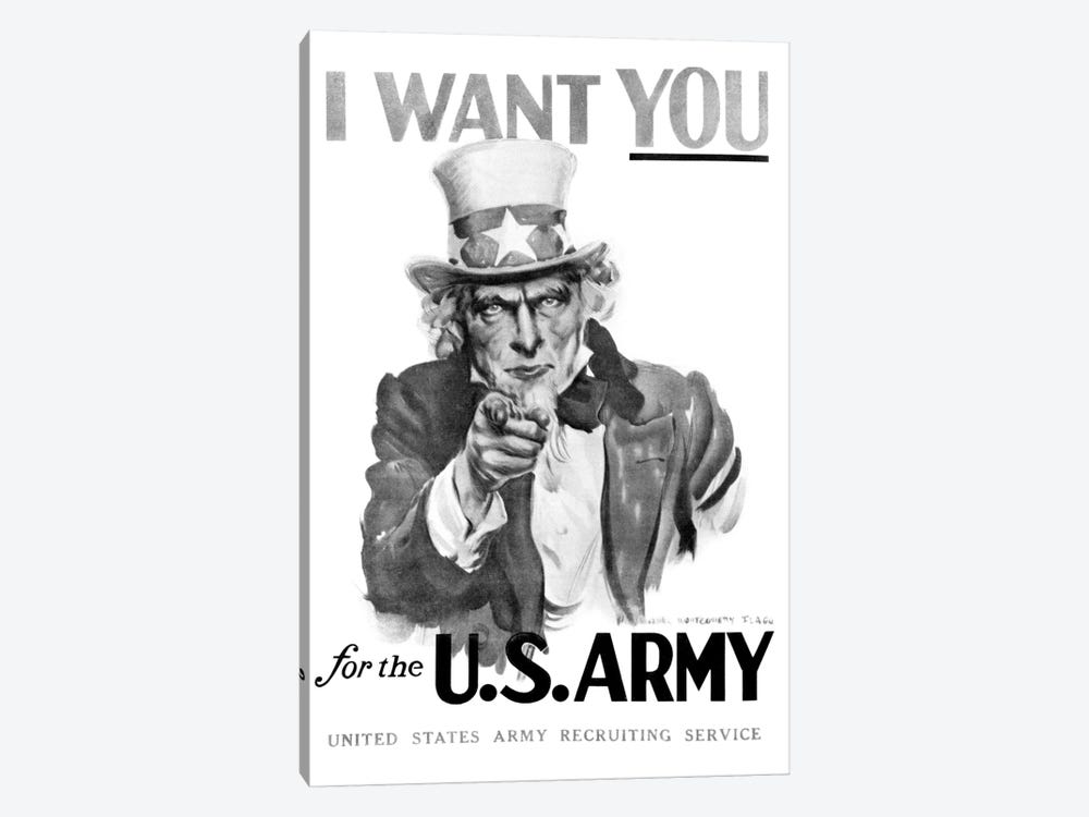 1910s World War One I Want You Uncle Sam United States Army Recruiting Poster By Artist J.M. Flagg by Vintage Images 1-piece Canvas Wall Art