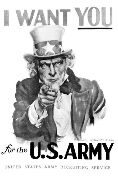Propaganda Posters: 1910s World War One I Want You Uncle Sam United States Army Recruiting Poster By Artist J.M. Flagg by Vintage Images