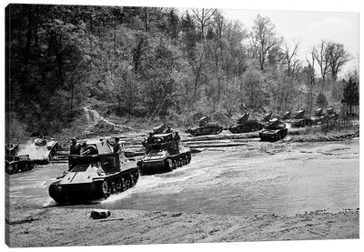 1940s World War Ii 12 Us Army Armored Tanks On Maneuvers Crossing A River Stream Canvas Art Print - Veterans Day