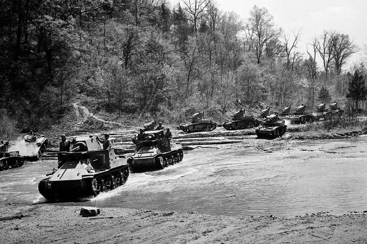 1940s World War Ii 12 Us Army Armored Tanks On Maneuvers Crossing A River Stream