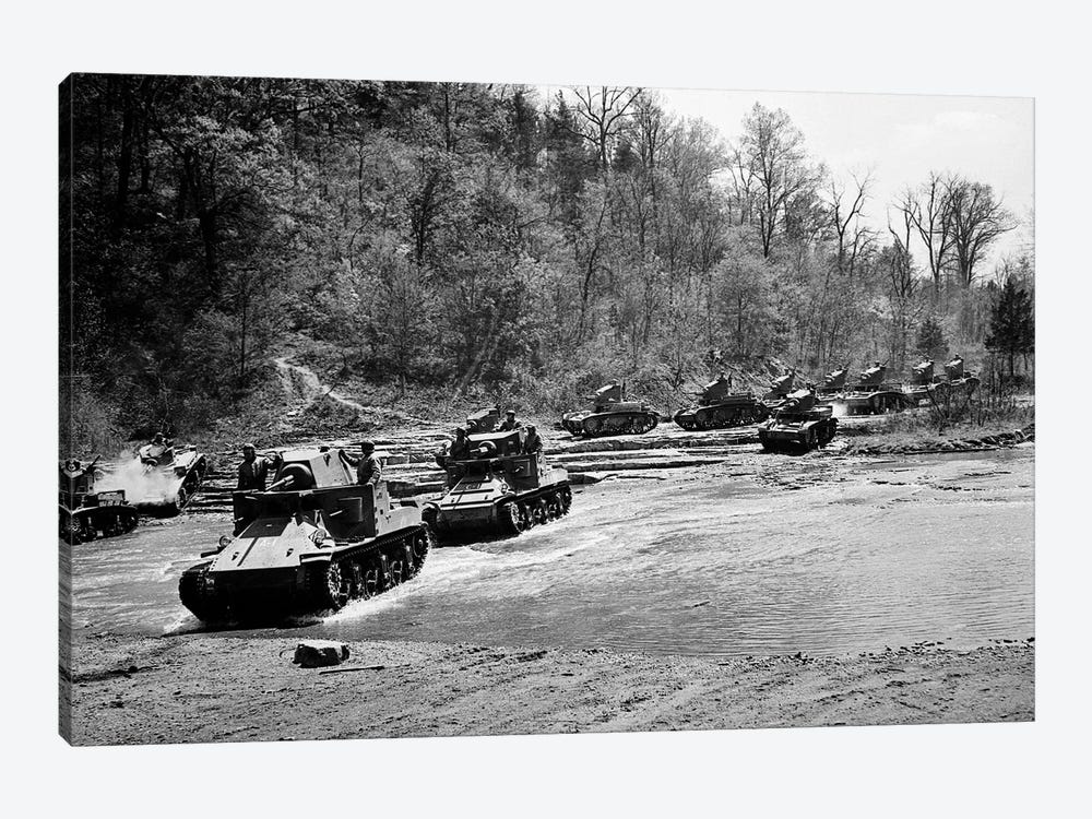 1940s World War Ii 12 Us Army Armored Tanks On Maneuvers Crossing A River Stream by Vintage Images 1-piece Canvas Artwork