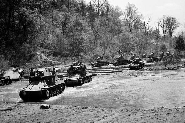 Military Vehicles: 1940s World War Ii 12 Us Army Armored Tanks On Maneuvers Crossing A River Stream by Vintage Images