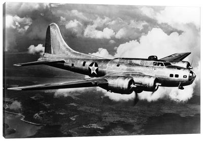 1940s World War II Airplane Boeing B-17E Bomber Flying Through Clouds Canvas Art Print - Black & White Photography