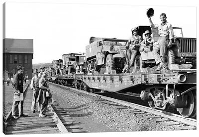 1940s World War Ii Freight Train Of Jeeps And Half Tracks On Way To The Front Factory Workers Bid Farewell To Soldiers On Train Canvas Art Print - Military Art