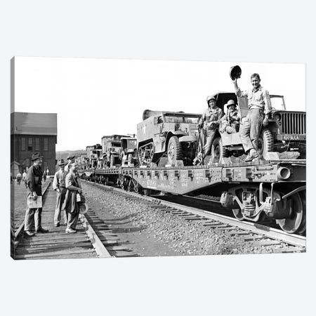 1940s World War Ii Freight Train Of Jeeps And Half Tracks On Way To The Front Factory Workers Bid Farewell To Soldiers On Train Canvas Print #VTG237} by Vintage Images Canvas Art
